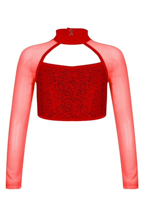 Shiny Sequin Crop Top for Girls Long Sleeve Mock Neck Jazz Hip Hop Ballet Dancewear 6-16 Red 14