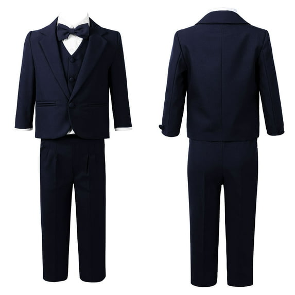 Aislor Toddler Boys Gentleman Bowtie Notch Lapel Tuxedo Blazer Pants Vest Shirt 5-pieces Suit Wedding Outfit Set A Navy Blue 6