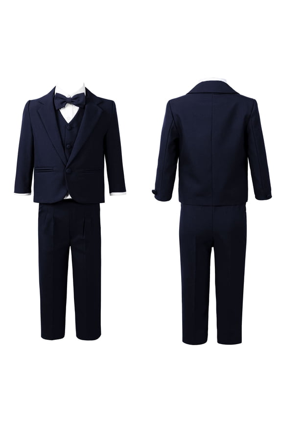 Toddler Boys Gentleman Bowtie Notch Lapel Tuxedo Blazer Pants Vest Shirt 5-pieces Suit Wedding Outfit Set A Navy Blue 9-12 Months