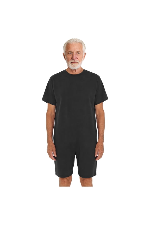 Unisex Alzheimer Anti-Strip Jumpsuit Short Sleeve Short Bottom Back Zipper One-piece Rompers Black M