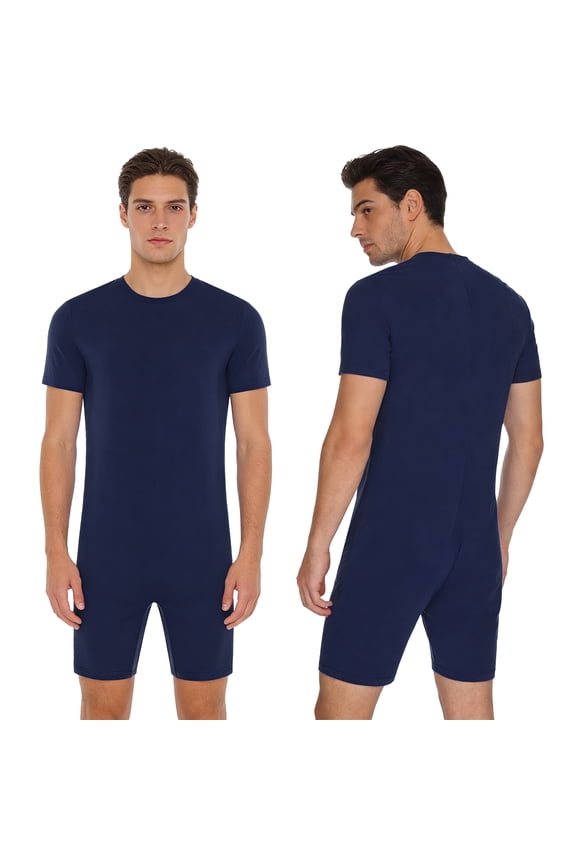 Unisex Alzheimer Anti-Strip Jumpsuit Short Sleeve Short Bottom Back Zipper One-piece Rompers Navy Blue XL