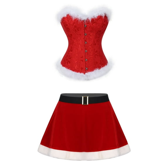 Aislor Women 2 Piece Set Corset Top Skirt Suit Faux Fur Trim Camis Tube Bustier Mini Skirts Outfits Red B XXL