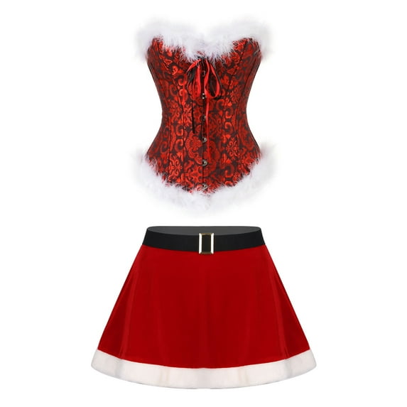 Aislor Women 2 Piece Set Corset Top Skirt Suit Faux Fur Trim Camis Tube Bustier Mini Skirts Outfits Red C M