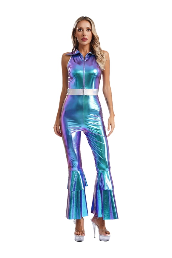 Women 70s 80s Disco Dance Costume Metallic Shiny Sleeveless Jumpsuit for Halloween Party Blue 3XL