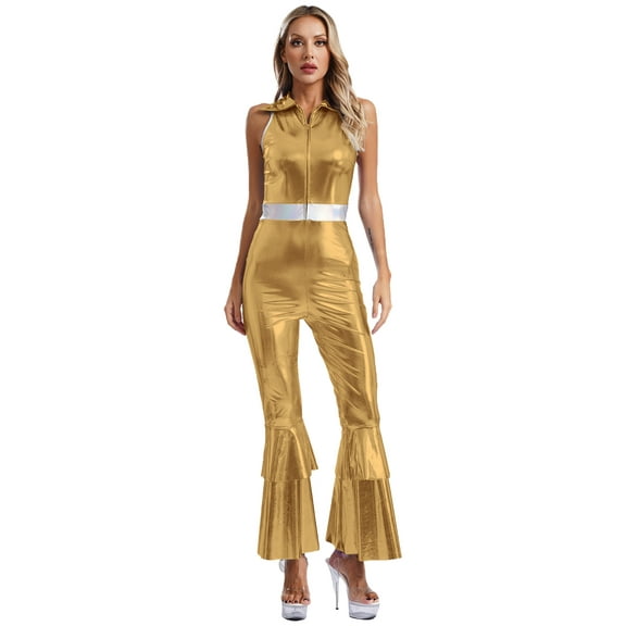 Aislor Women 70s 80s Disco Dance Costume Metallic Shiny Sleeveless Jumpsuit for Halloween Party Gold XXL