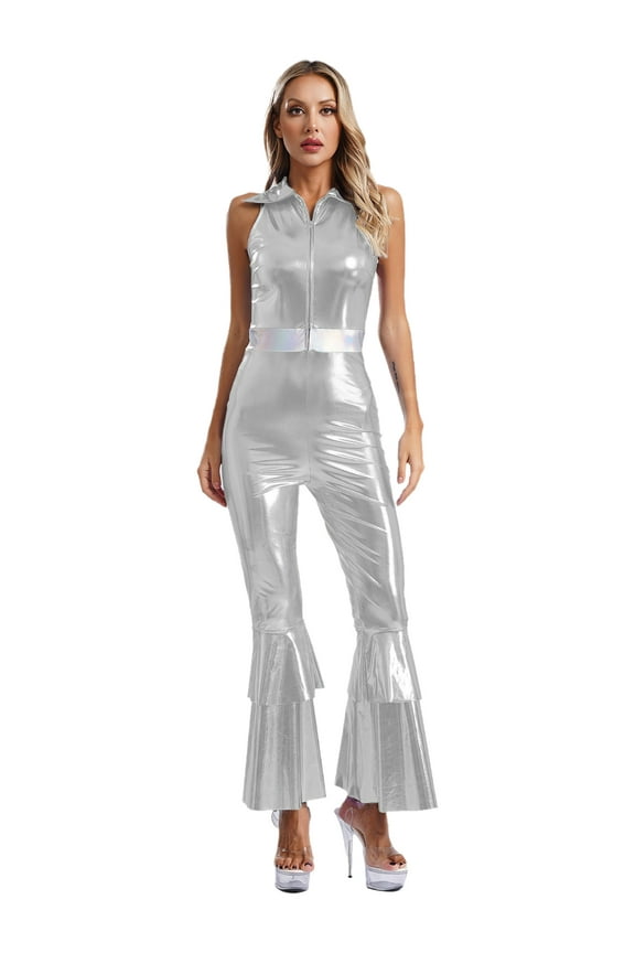 Women 70s 80s Disco Dance Costume Metallic Shiny Sleeveless Jumpsuit for Halloween Party Silver M