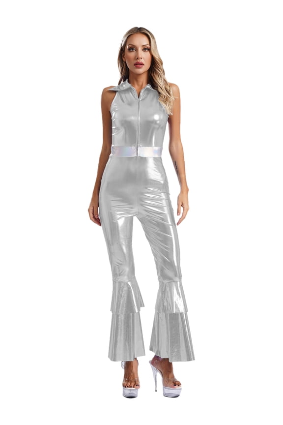 Women 70s 80s Disco Dance Costume Metallic Shiny Sleeveless Jumpsuit for Halloween Party Silver S