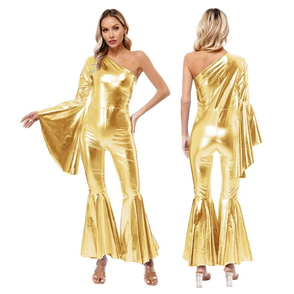 Aislor Women 70s Disco Costume Adult Retro Hippie Jumpsuit One Shoulder Flare Sleeve Wide Leg Romper Gold L