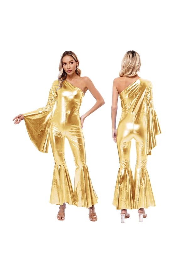 Women 70s Disco Costume Adult Retro Hippie Jumpsuit One Shoulder Flare Sleeve Wide Leg Romper Gold L