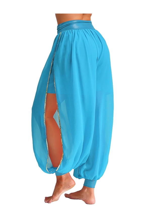Women Belly Dance Side Split Yoga Pants Bloomer Trousers Perforance Light Blue One Size