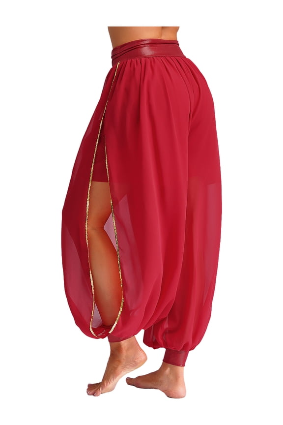 Women Belly Dance Side Split Yoga Pants Bloomer Trousers Perforance Red One Size