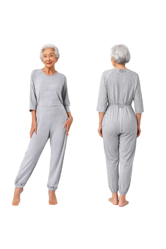 Women Care Dementia Clothing Alzheimers Anti-Strip Jumpsuit Nursing Nightwear with Zipper at Back and Leg Grey S