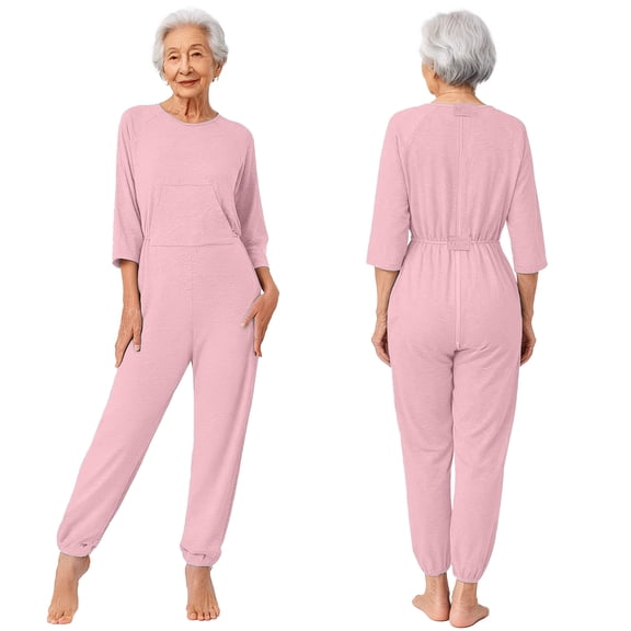 Aislor Women Care Dementia Clothing Alzheimers Anti-Strip Jumpsuit Nursing Nightwear with Zipper at Back and Leg Pink L