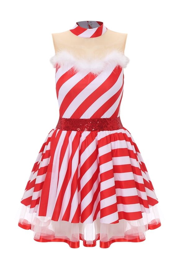 Women Christmas Candy Cane Sleeveless Ballet Dance Leotard Stripe Tutu Dress Party Red L