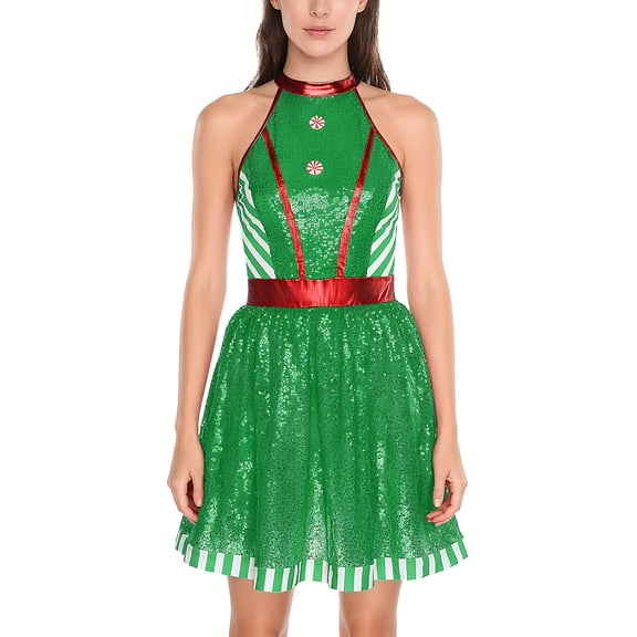 Aislor Women Christmas Striped Print Dancewear Sleeveless Xmas Mini Dress Green M