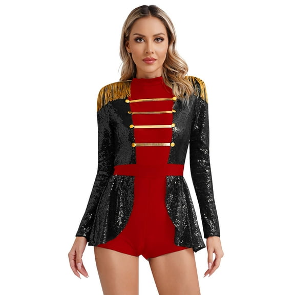 Aislor Women Circus Ringmaster Costume Shiny Sequins Performance Jumpsuit Cosplay Carnival Party Fancy Dress Up Black XL