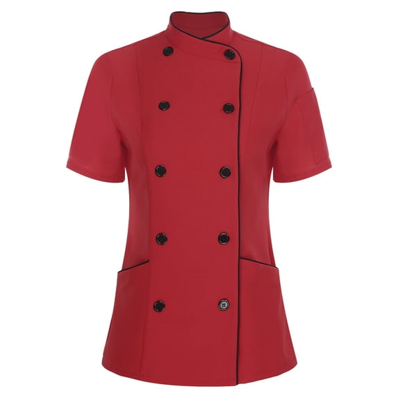 Aislor Women Classic Short Sleeve Chef Shirt Cooking Chef Coat Uniform With Traditional Buttons Burgundy XXL