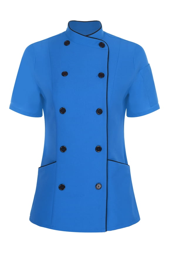 Women Classic Short Sleeve Chef Shirt Cooking Chef Coat Uniform With Traditional Buttons Light Blue XXL