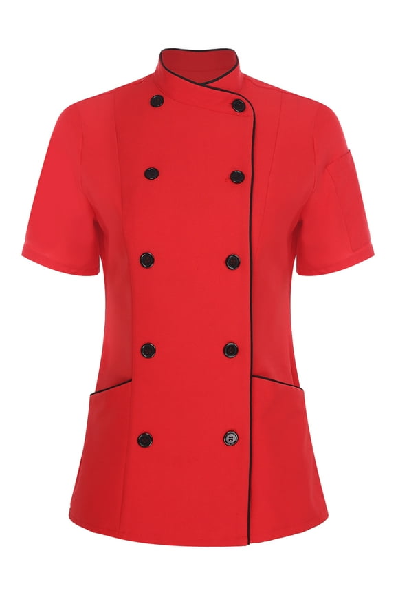 Women Classic Short Sleeve Chef Shirt Cooking Chef Coat Uniform With Traditional Buttons Red XXL