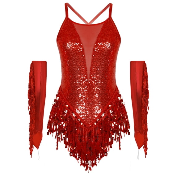 Aislor Women Fringed Latin Salsa Dance Costume Sleeveless Sequins Leotard with Tassel Metallic Gloves Red XL