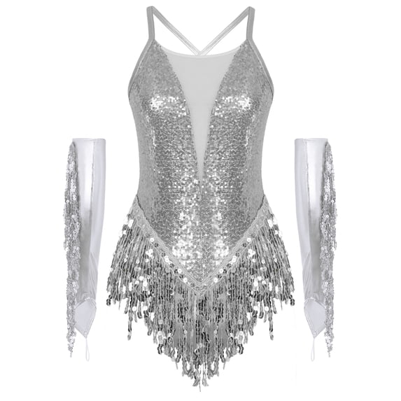Aislor Women Fringed Latin Salsa Dance Costume Sleeveless Sequins Leotard with Tassel Metallic Gloves Silver L