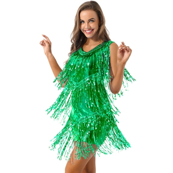 Aislor Women Glitter Sequins Ballroom Latin Dance Sleeveless Fringed Dancing Dress Green L