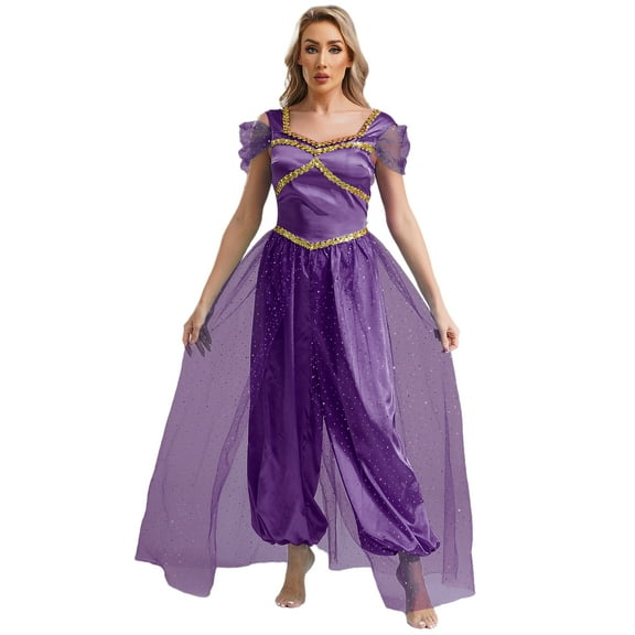Aislor Women Halloween Arabian Princess Cosplay Costume Sequins Belly Dance Romper Jumpsuit Fancy Dress Dark Purple XL