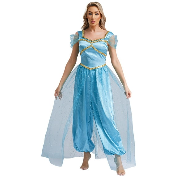 Aislor Women Halloween Arabian Princess Cosplay Costume Sequins Belly Dance Romper Jumpsuit Fancy Dress Lake Blue 4XL
