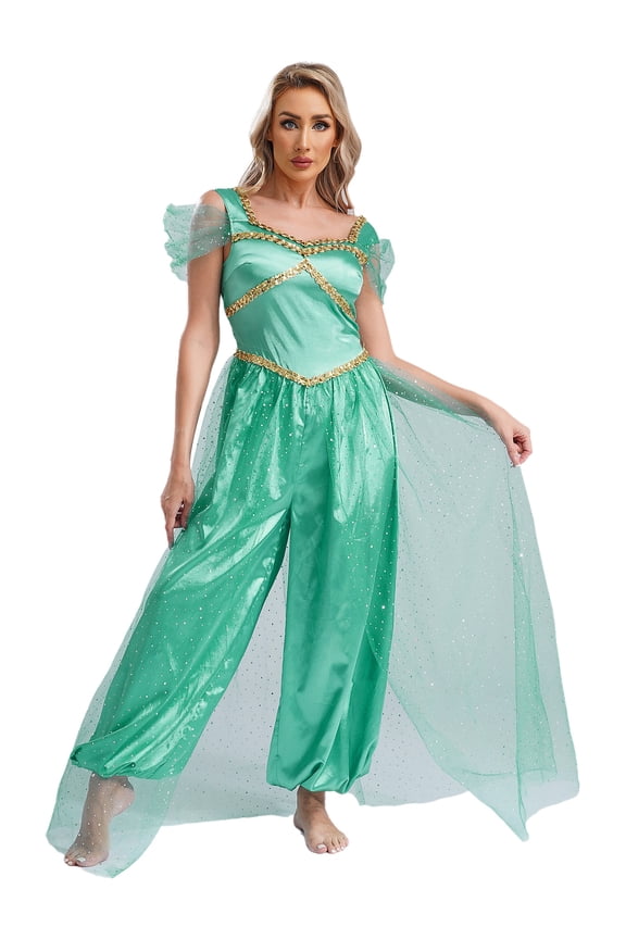 Women Halloween Arabian Princess Cosplay Costume Sequins Belly Dance Romper Jumpsuit Fancy Dress Turquoise S