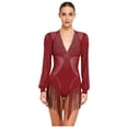 thumbnail image 1 of Aislor Women Latin Tango Fringe Dance Dress Singer Performance Stage Ballroom Rumba Chacha Skirt Burgundy M, 1 of 7
