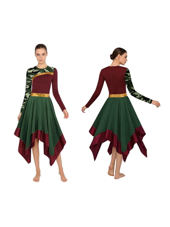 Women Liturgical Praise Dance Dress Church Worship Long Sleeve Color Block Christianity Gown Dancewear Burgundy S