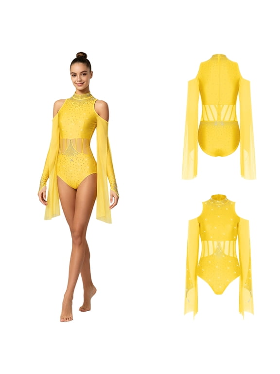 Women Lyrical Dance Leotard Glitter Rhinestones Cold Shoulder Long Sleeves Sheer Mesh Waist Bodysuit Dancewear Yellow XL