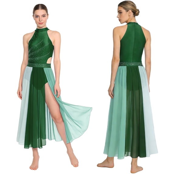 Aislor Women Lyrical Dance Rhinestone Sleeveless Contemporary Dancewear Mesh Split Long Dress Green M