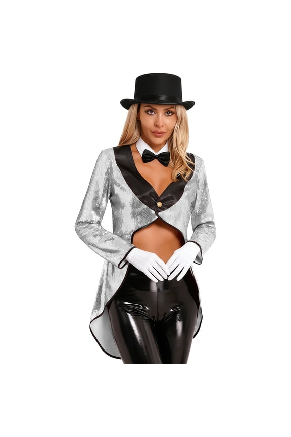 Women Magician Cosplay Tailcoat Jacket Halloween Performance Fancy Dress up Outfits Silver XL