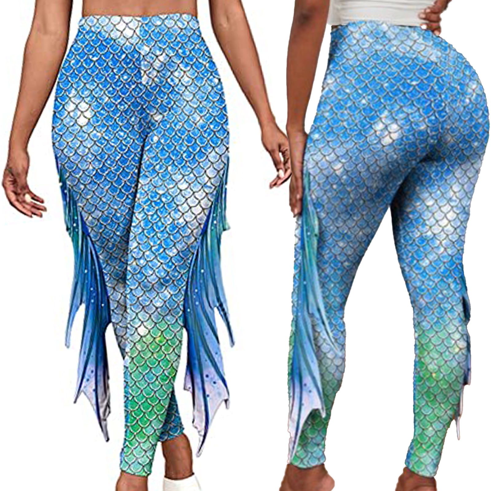 Mermaid Leggings for Women Mid Waist Navy Blue Pants w Fish Scales
