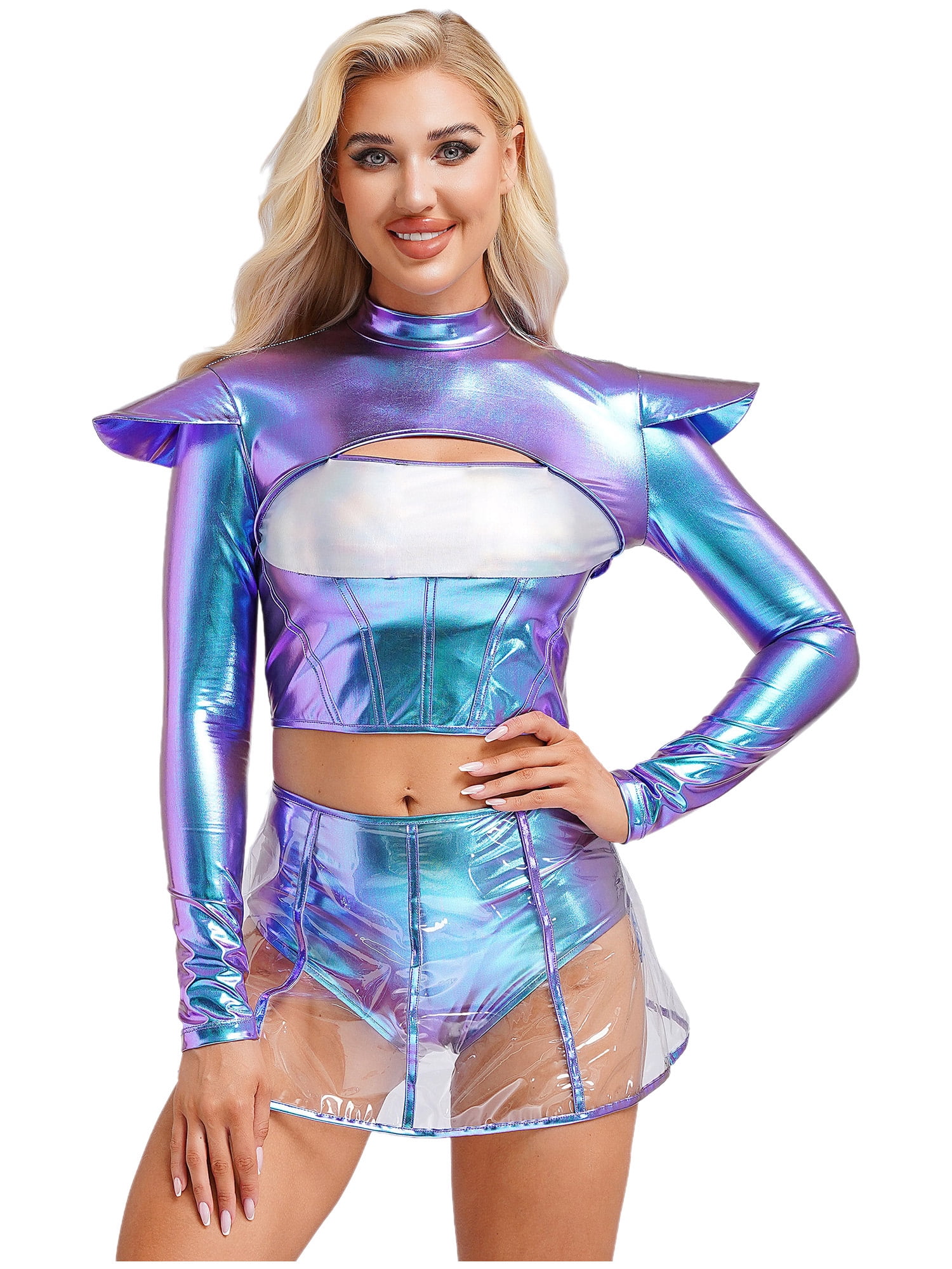 Aislor Women Metallic Alien Outfits Space Cadet Astronaut Costume Long ...