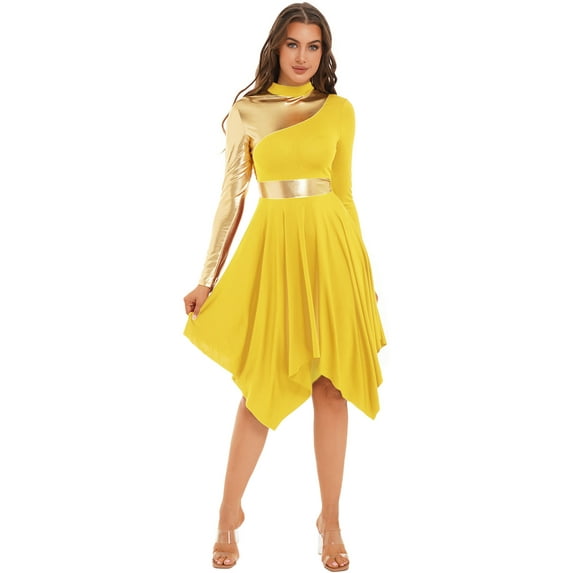 Aislor Women Metallic Color Block Liturgical Praise Dance Dress Church Worship Costume Lyrical Dancewear Yellow L