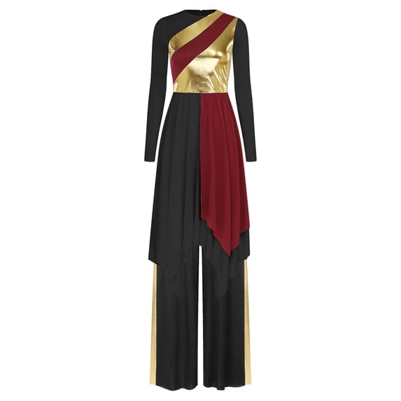 Aislor Women Metallic Gold Color Block Praise Dance Outfit Worship Liturgical Dance Dress with Church Pants Burgundy&Black XXL