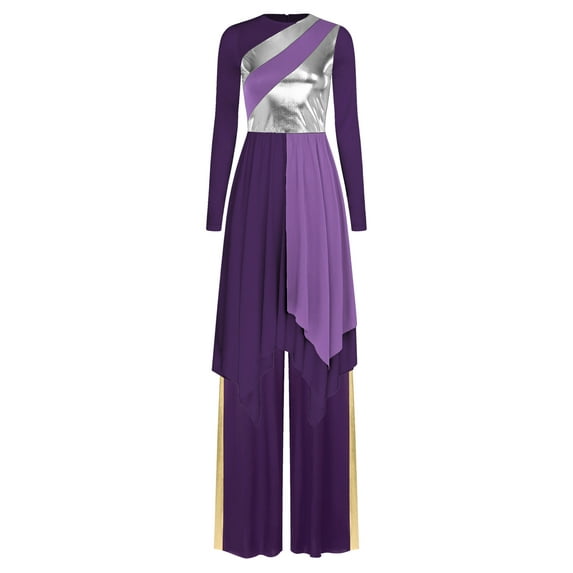Aislor Women Metallic Gold Color Block Praise Dance Outfit Worship Liturgical Dance Dress with Church Pants Purple XL