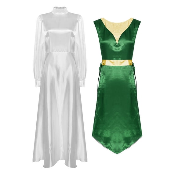Aislor Women Metallic Liturgical Praise Dance Costume Long Sleeve Dress with Sides Split Satin Worship Tunic White&Green M