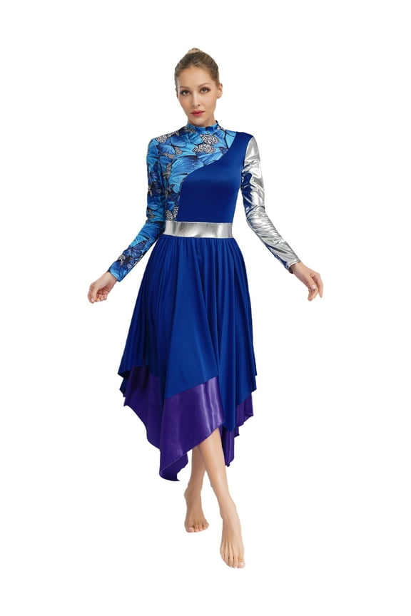 Women Metallic Liturgical Praise Dance Dress Long Sleeve Camouflage Print Worship Dancewear Blue M