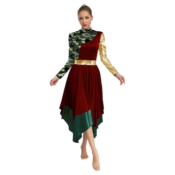 Aislor Women Metallic Liturgical Praise Dance Dress Long Sleeve Camouflage Print Worship Dancewear Burgundy L