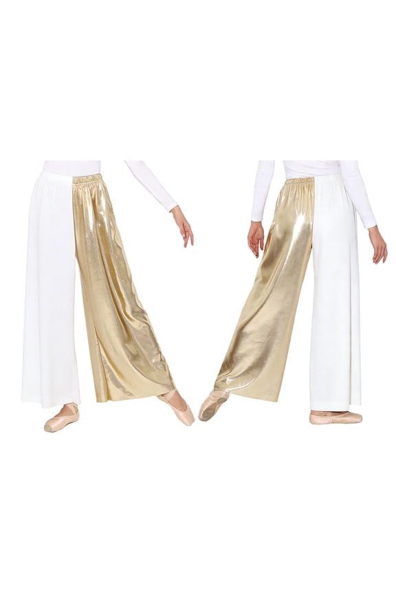 Women Metallic Praise Worship Dance Pants Color Blocking Wide-leg Liturgical Lyrical Dancewear White S