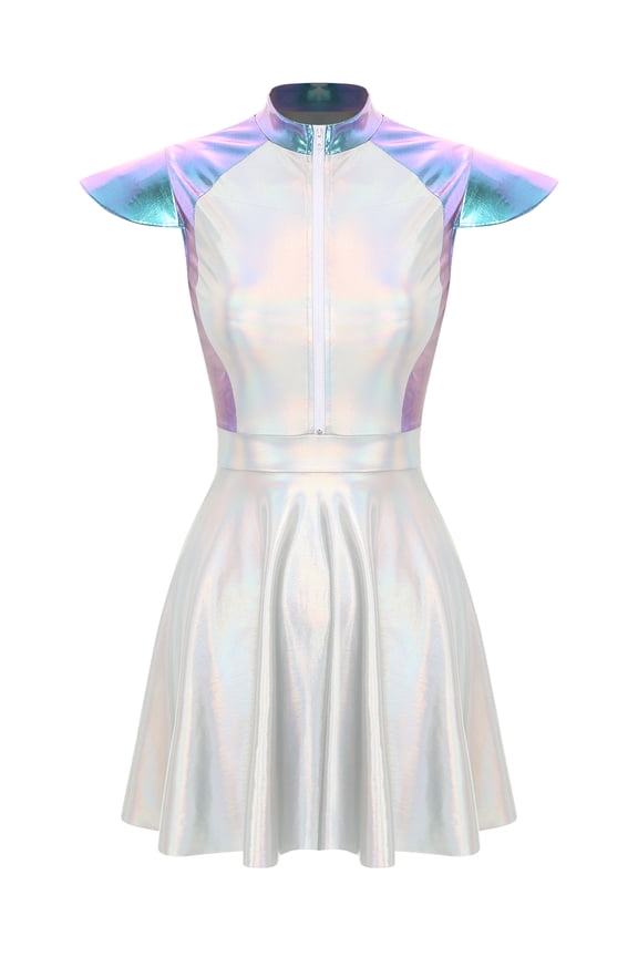 Women Metallic Space Alien Cosplay Costume Cap-Sleeve Zipper A-line Astronaut Fancy Dress Blue 4XL