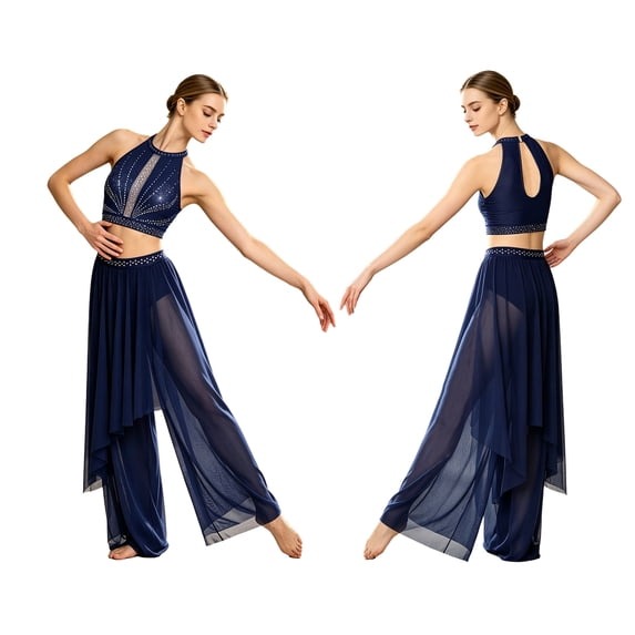 Aislor Women Modern Contemporary Outfits Top and Pants for Stage Performance Dancewear Navy Blue M