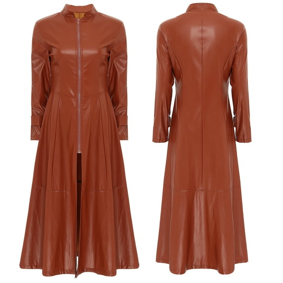 Aislor Women PU Leather Long Sleeve Dress Jacket Outwear Full Long Trench Coats Punk Zipper Front Blazer Size S-4XL Brown 5XL