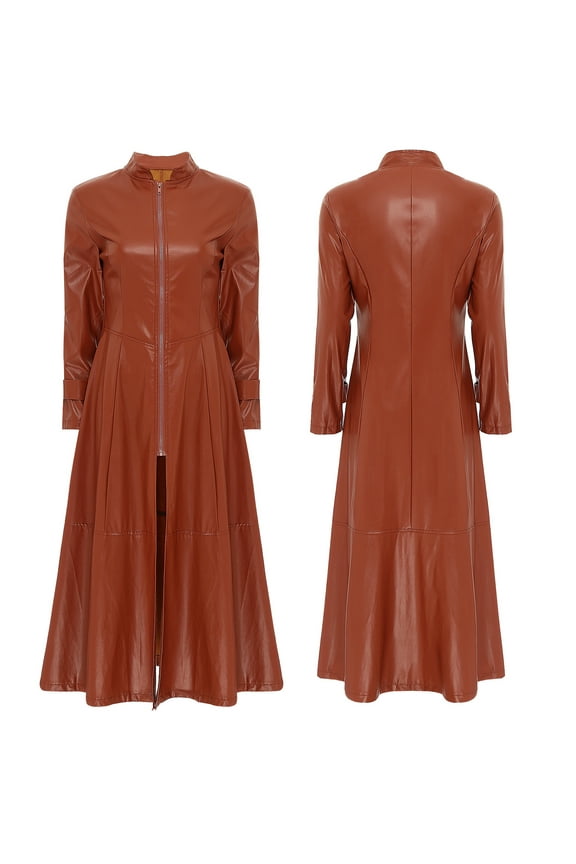 Women PU Leather Long Sleeve Dress Jacket Outwear Full Long Trench Coats Punk Zipper Front Blazer Size S-4XL Brown XXL