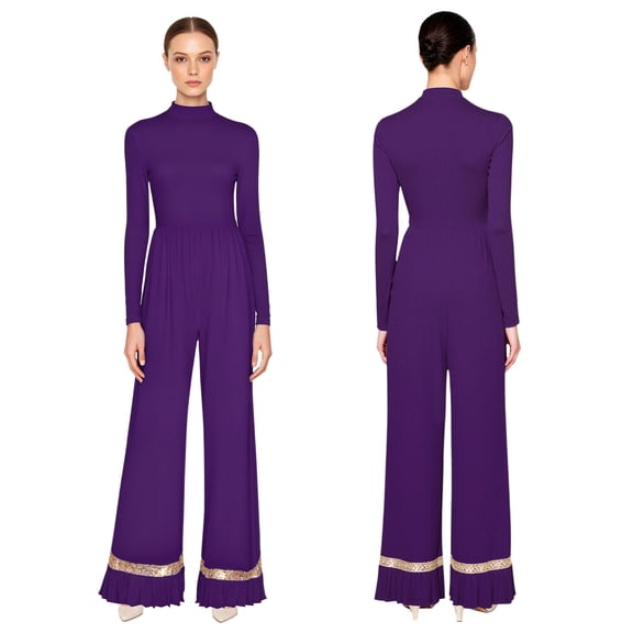 Aislor Women Praise Dance Jumpsuit Worship Shiny Sequin Wide Leg Romper Liturgical Dancewear Purple S
