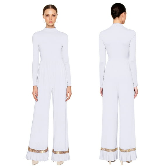 Aislor Women Praise Dance Jumpsuit Worship Shiny Sequin Wide Leg Romper Liturgical Dancewear White M