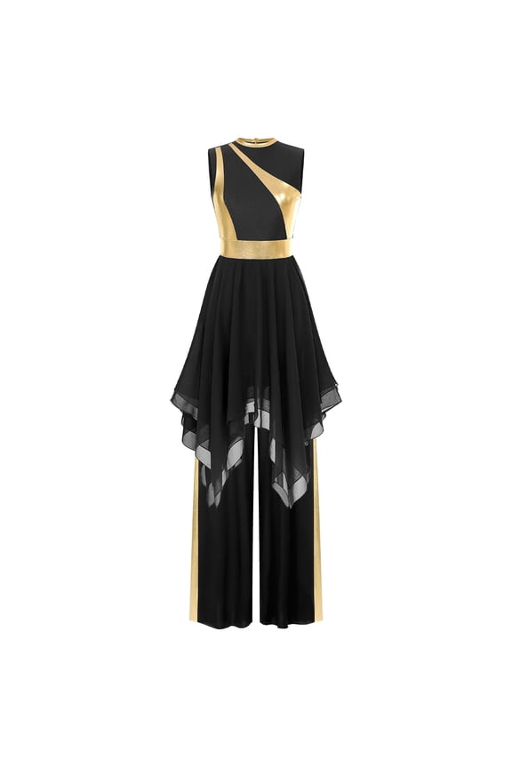 Women Praise Dance Outfit Metallic Block Asymmetric Overlay Dress + Pants Worship Liturgical Lyrical Costume Black L